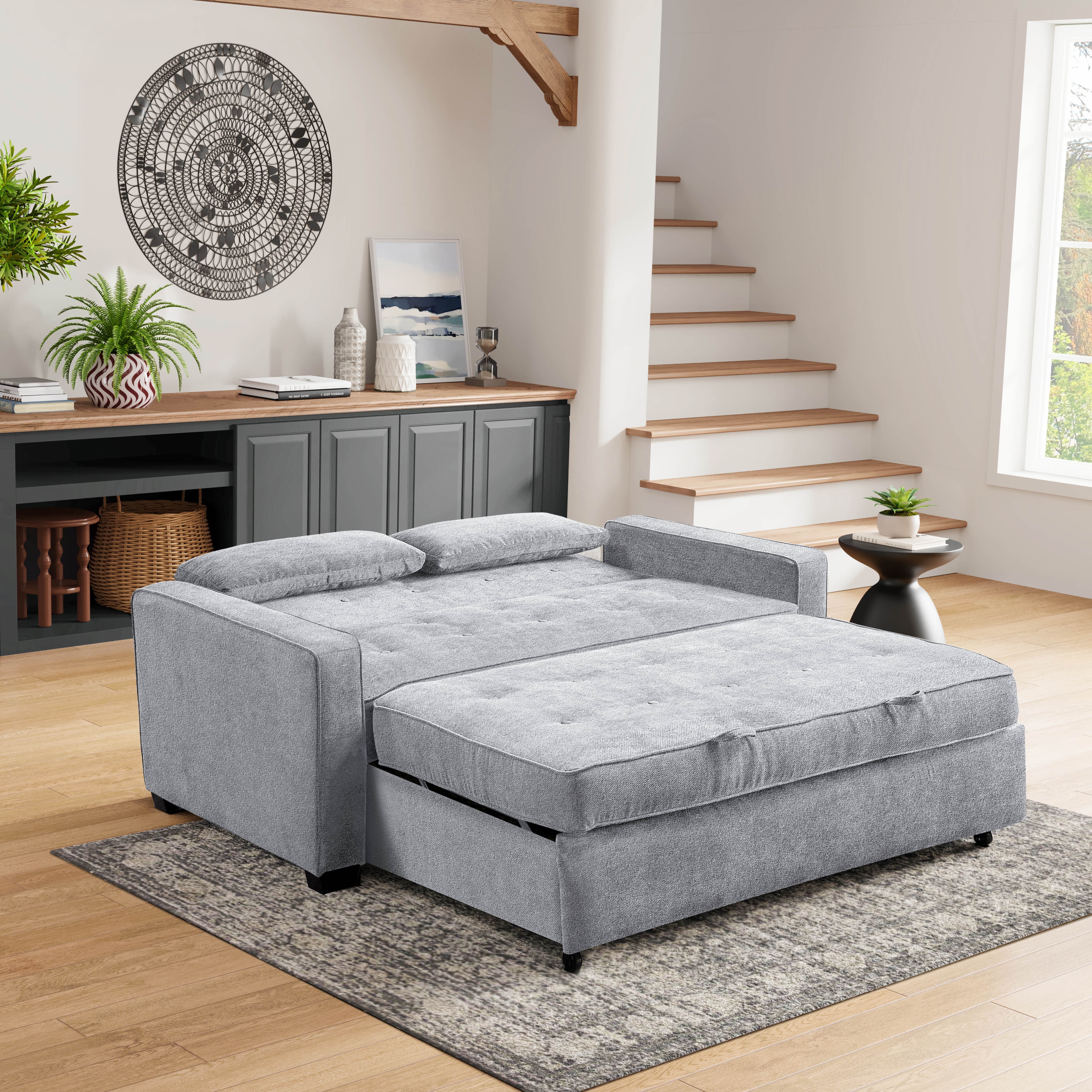 Serta Monroe Modern Convertible Loveseat with Full Size Sleeper, Light Gray Woven Fabric