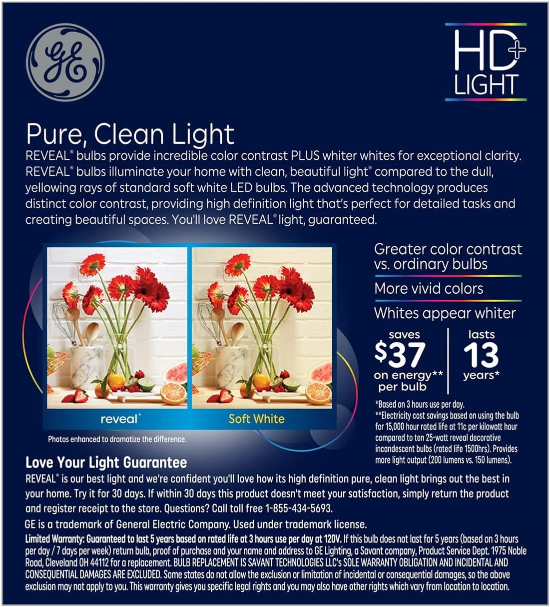 (12 bulbs) GE 42465 Reveal LED Chandelier Bulb, 200 lumens, 2.5 watts, candelabra base, blunt tip, clear Color-Enhancing HD Light, Dimmable LED Candle Light Bulb
