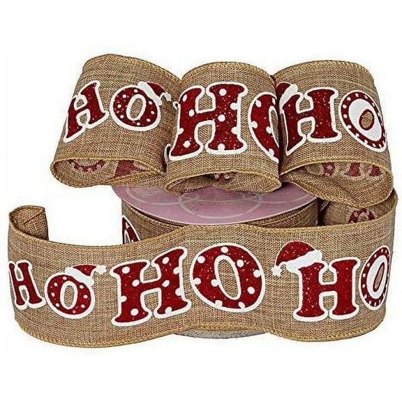 Sparkly Red Ho-Ho-Ho Christmas Ribbon - 2 1/2" x 10 Yards, Faux Burlap, Red Glitter Text, Gift Wrapping, Wreath Decoration, Garland, Tree Topper Bow, Boxing Day