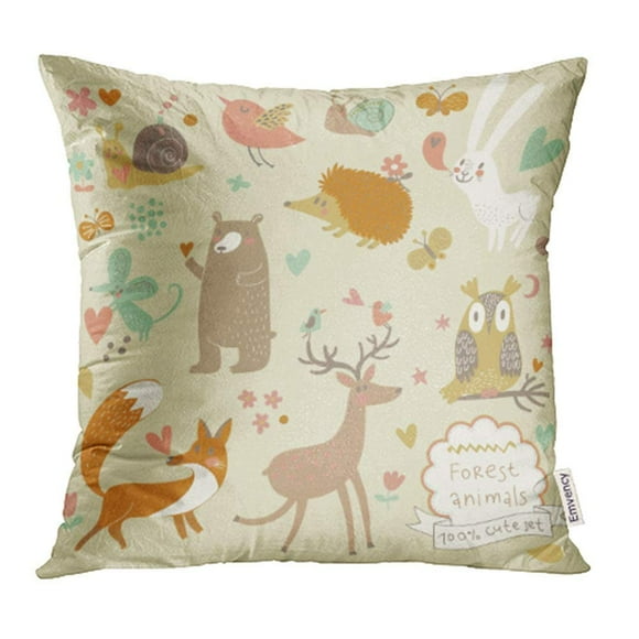 BSDHOME Cute Wild Animals in The Forest Fox Bear Hedgehog Rabbit Snail Deer Owl Bird Pillow Case Pillow Cover 18x18 inch Throw Pillow Covers