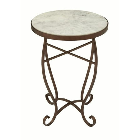 - Decmode Traditional Scrolled Round Metal and Marble Accent Table, Ivory