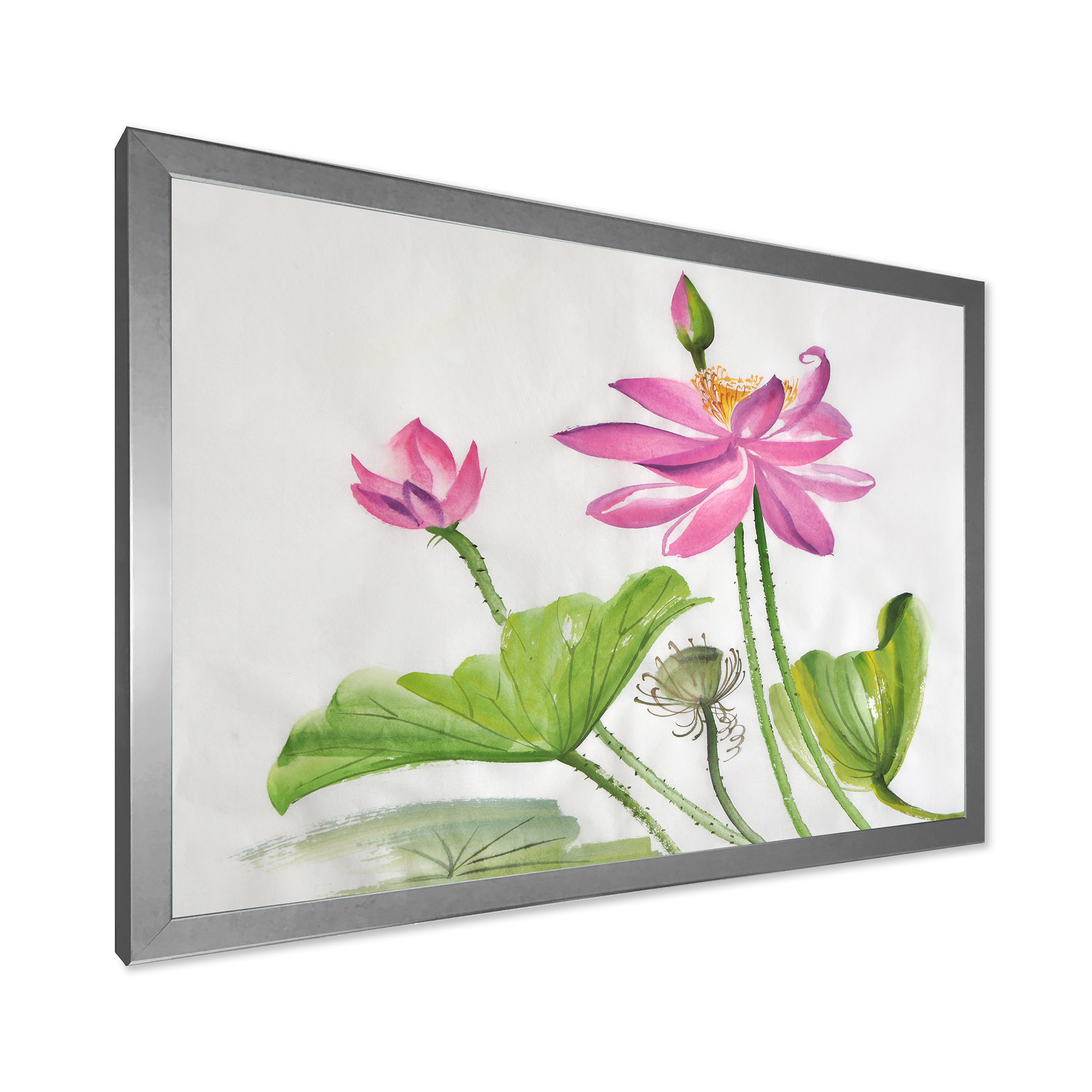 Designart 'Two Pink Lotus Flowers With Green Leaves' Traditional Framed Art Print