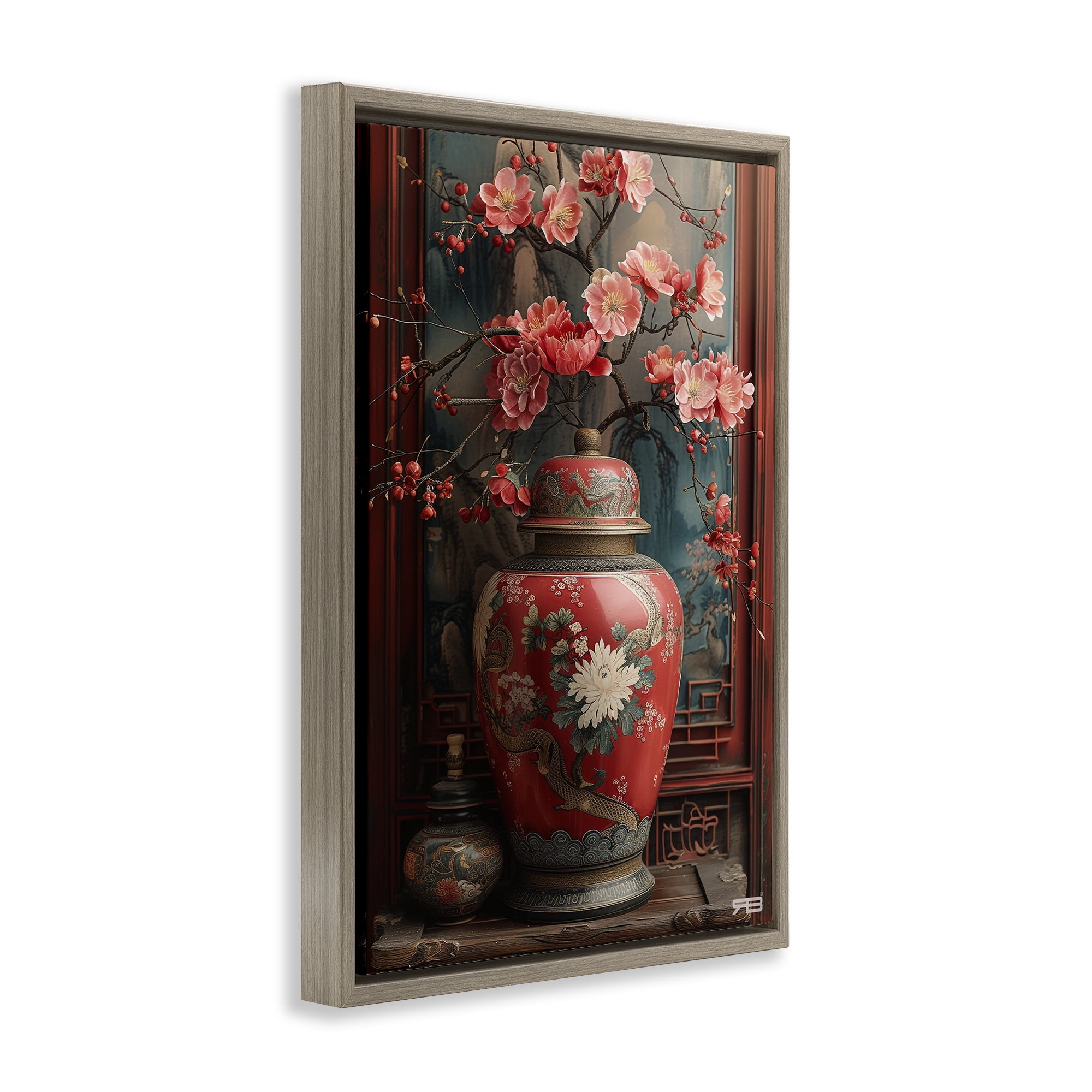 Stupell Industries Traditional Asian Vase Botanical & Floral Painting Brown Floater Framed Art Print Wall Art, 21 x 31