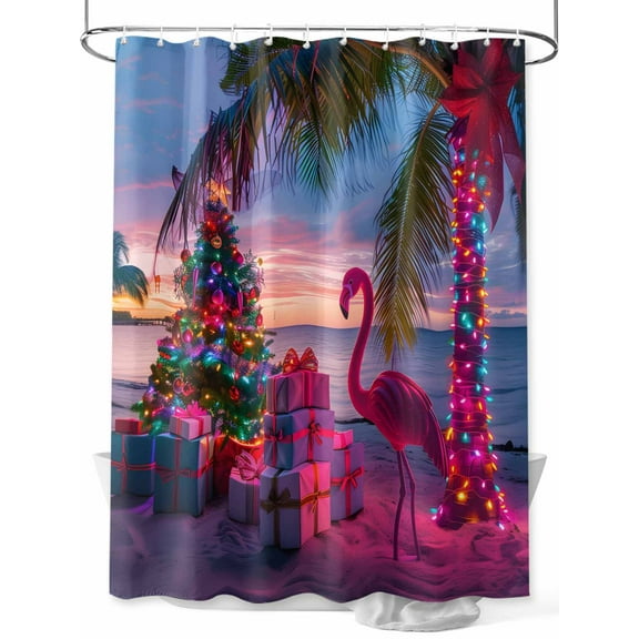Coastal Christmas Standard Shower Curtain Set, Waterproof Shower Curtains for Bathroom, Flamingo Xmas Palm Tree Beach Washable Fabric Cloth Bath Curtain for Bathtub Decoration with Hooks 72x72 Inches