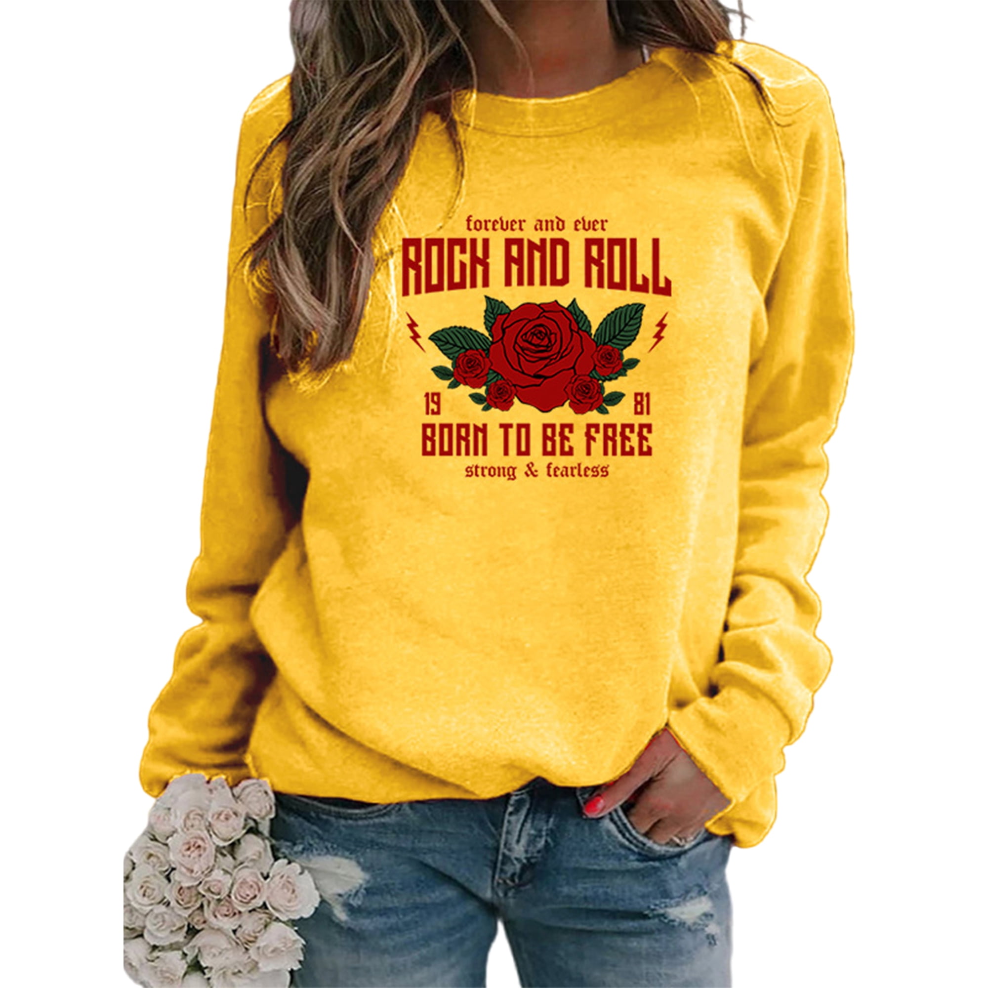 Fashnice Women Tops Crew Neck Pullover Floral Print Sweatshirt Loose Fit  Office T-shirt Yellow S | Walmart Canada