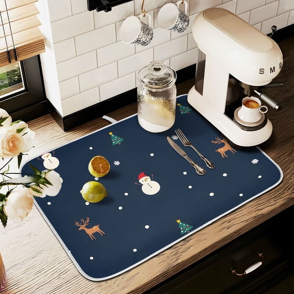 Yayeee Dish Drying Mat for Kitchen Counter 16" x 18" Microfiber Super Absorbent Coffee Decorative Pad, Christmas Whimsy