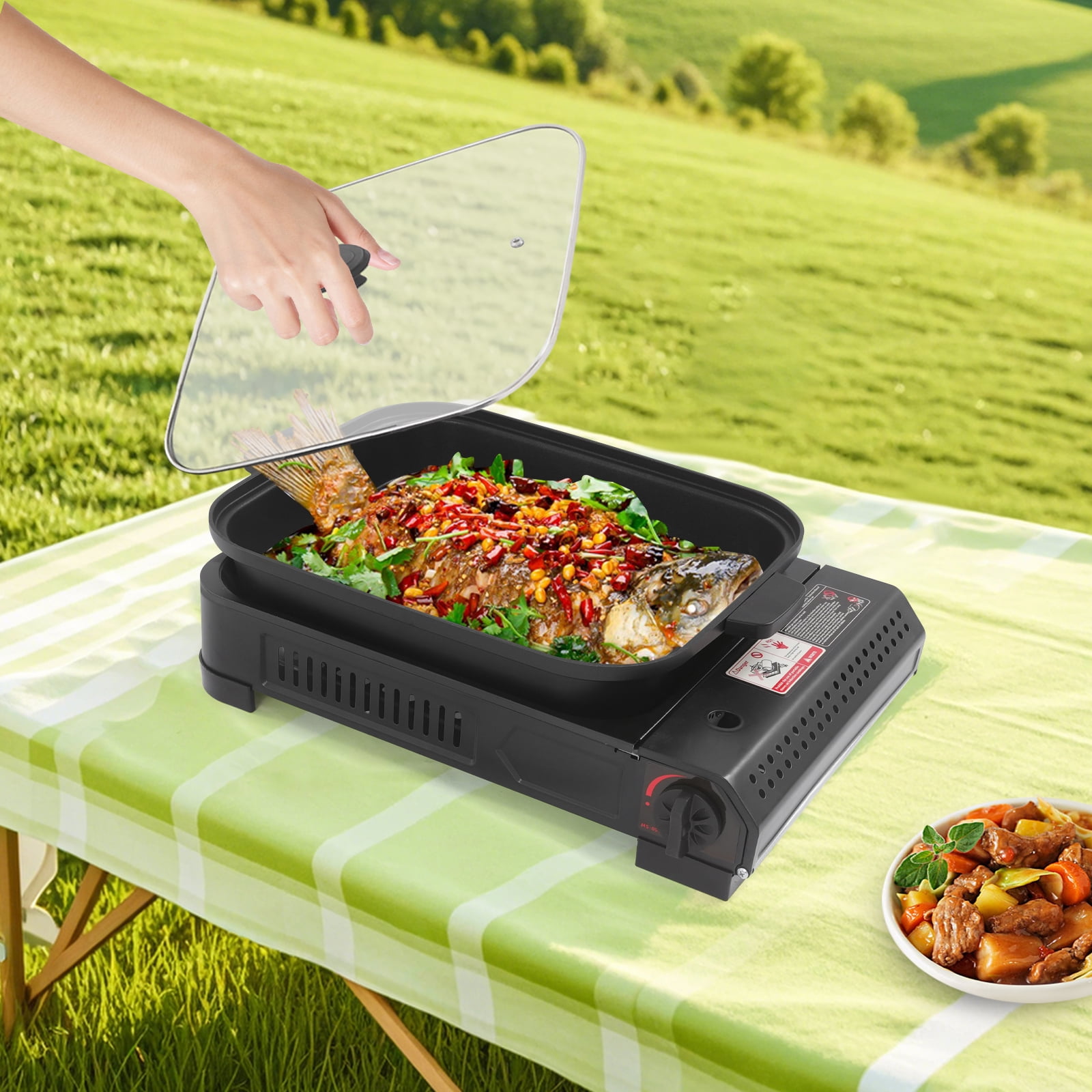 Rectangular Tabletop Modern Black Stove with Grill Pan and Lid Portable Gas Stove for Camping Trips