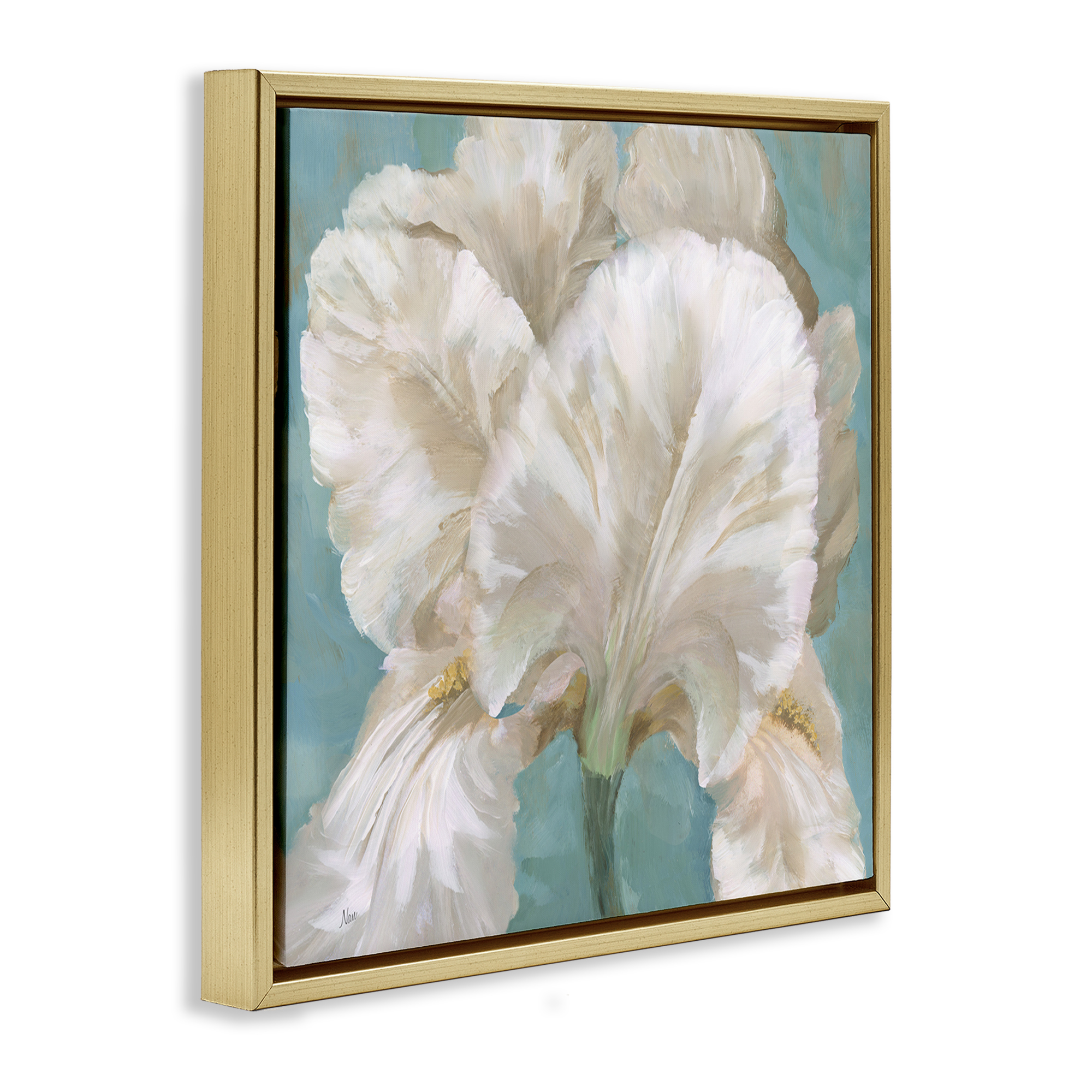 Stupell Industries White Iris on Blue Botanical & Floral Painting Gold Floater Framed Art Print Wall Art, 18 x 18
