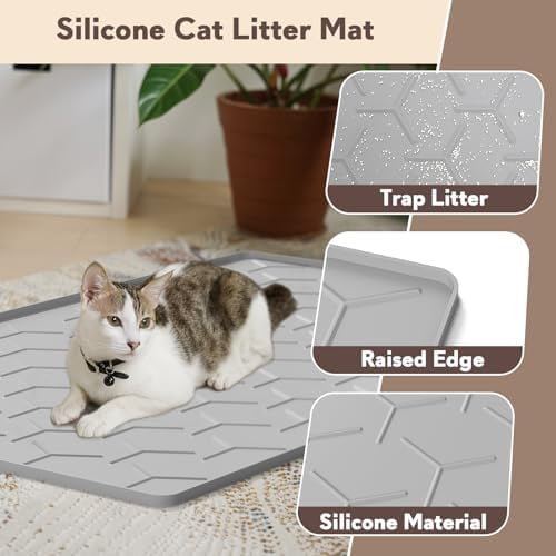 Cat Mat for Litter Box, Large 34" X 22" Cat Litter Mat, Waterproof Silicone Pad for Floor, Gray