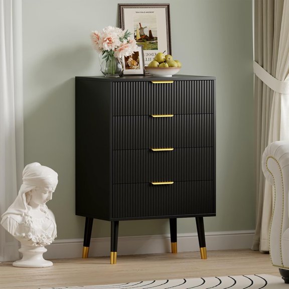 Fluted 4 Drawer Dresser, Large Modern Nightstand Cabinet with Gold Metal Handles, End Table Wood Chest of Drawers for Bedroom,Living Room,Hallway,Entryway