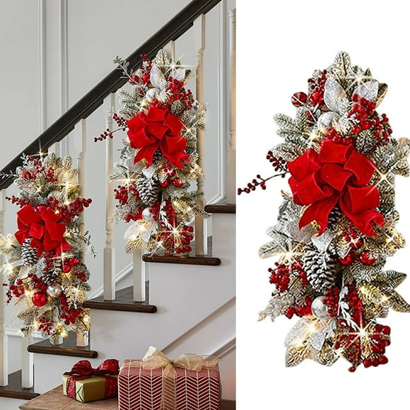 50cm Cordless Prelit Stairway Swag Trim, Artificial Christmas Teardrop Swag, Handmade Berry Pine Nut Wall WreathChristmas Garland with Pinecones Red Berries Bows Christmas Balls Candies, Multi-Functi