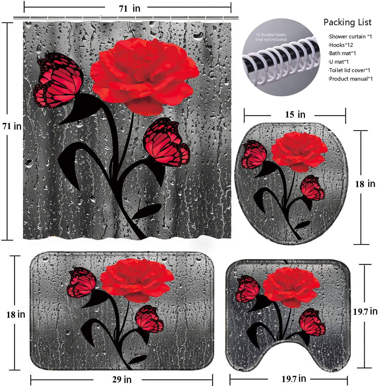 4 Pcs Bathroom Set,Orange Rose Shower Curtain Sets, Romantic Shower Curtain Sets with Rugs(Bath Mat,U Shape and Toilet Lid Cover Mat) and 12 Hooks