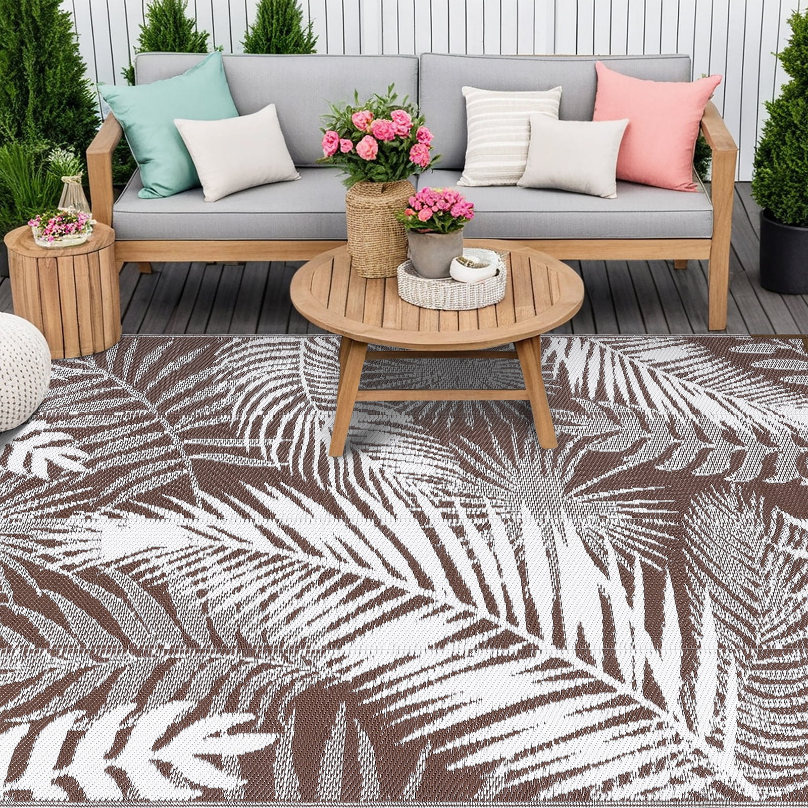 MeyJey Outdoor Rug, 8'x10' Reversible Waterproof Area Rug, Plastic Mat for RV Patio Camping, Brown