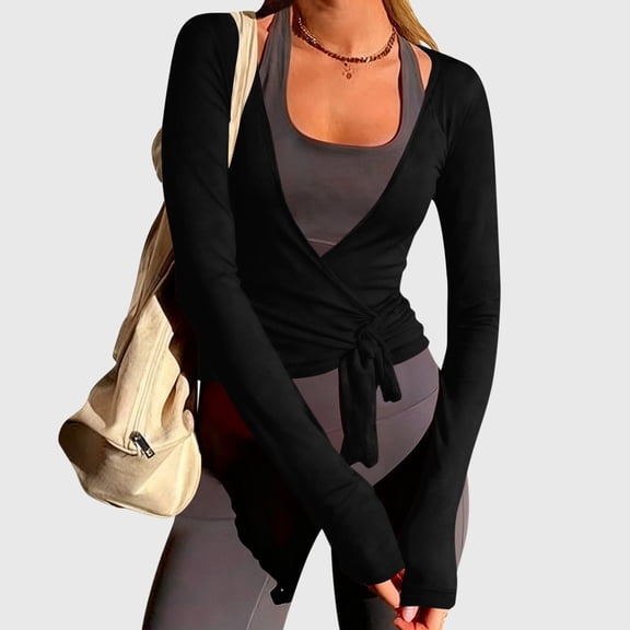ICHUANYI Womens Slim Fit Tie Front Open Front Wrap Long Sleeve T Shirt Yoga Ballet Going Out Cardigan Aesthetic Casual Tops
