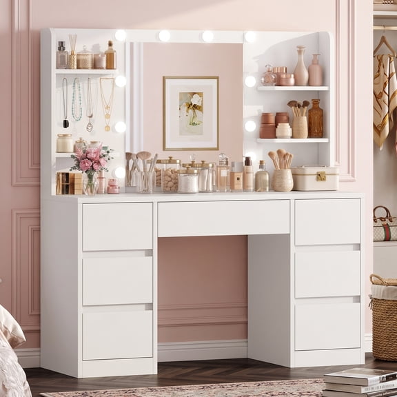 TEENFON Vanity Set with Mirror & Lights, Makeup Vanity Desk with 7 Drawers and 4 storage shelves, Vanity Table For Bedroom, White