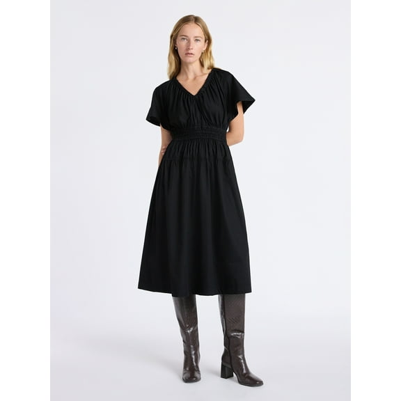 Free Assembly Women's and Women's Plus Cotton Smocked Waist Midi Dress with Flutter Sleeves, Sizes XS-4X