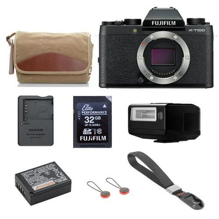 Fujifilm X-T100 Mirrorless Digital Camera Body, Black Bundle With F-5XB Shoulder Canvas Camera Bag, Fujifilm EF-X20 TTL Flash, Fuji 32GB SDHC Memory
