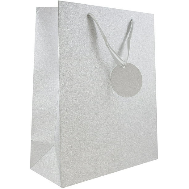 JAM Glitter Gift Bags, Large, Paper, 10 x 13 x 5, Silver, All Occasion