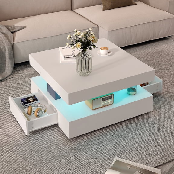 Hironpal LED Square Coffee Table with Storage,2-Tier Modern Living Room Center Table with Light & Drawers,White