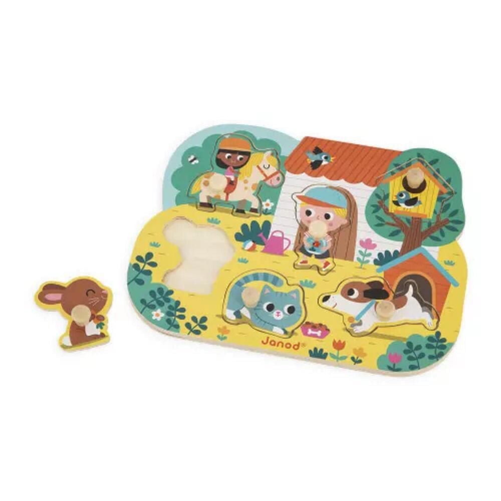 Janod - Puzzle de la campagne - 6 pièces à chevilles - Bois - Apprentissage précoce - Compétences motrices fines - Pour tout-petits - À partir de 18 mois - Multilingue