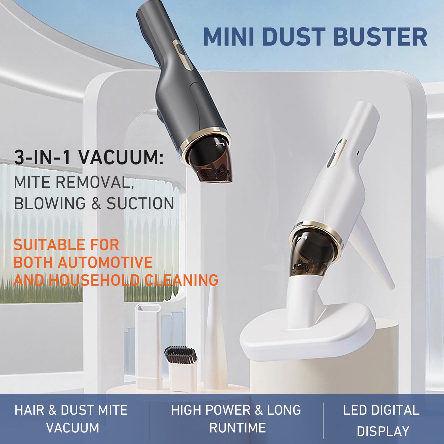Cordless Car Vacuum Cleaner with UV Light, 2-in-1 Suction & Blower, Mini Handheld Vacuum with HEPA Filter, LED Light, USB-C Rechargeable, 4 Nozzles for Deep Cleaning Home, Sofa, Pet Hair, Keyboard