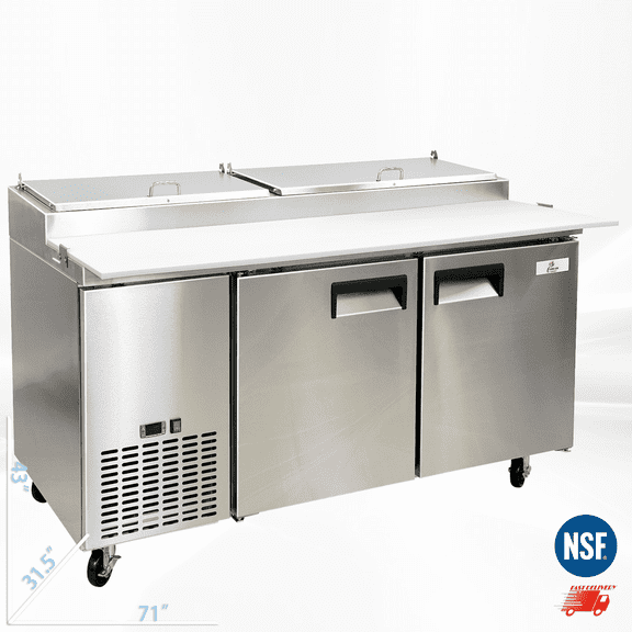 Cooler Depot NSF 71-inch Pizza Prep Table Refrigerator, 16.9 cu ft, Self-Closing Doors, Model PICL2