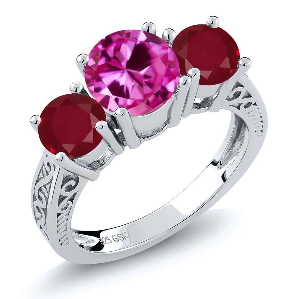 2.76 Ct Round Pink Created Sapphire Red Ruby 925 Sterling Silver 3-Stone Ring by