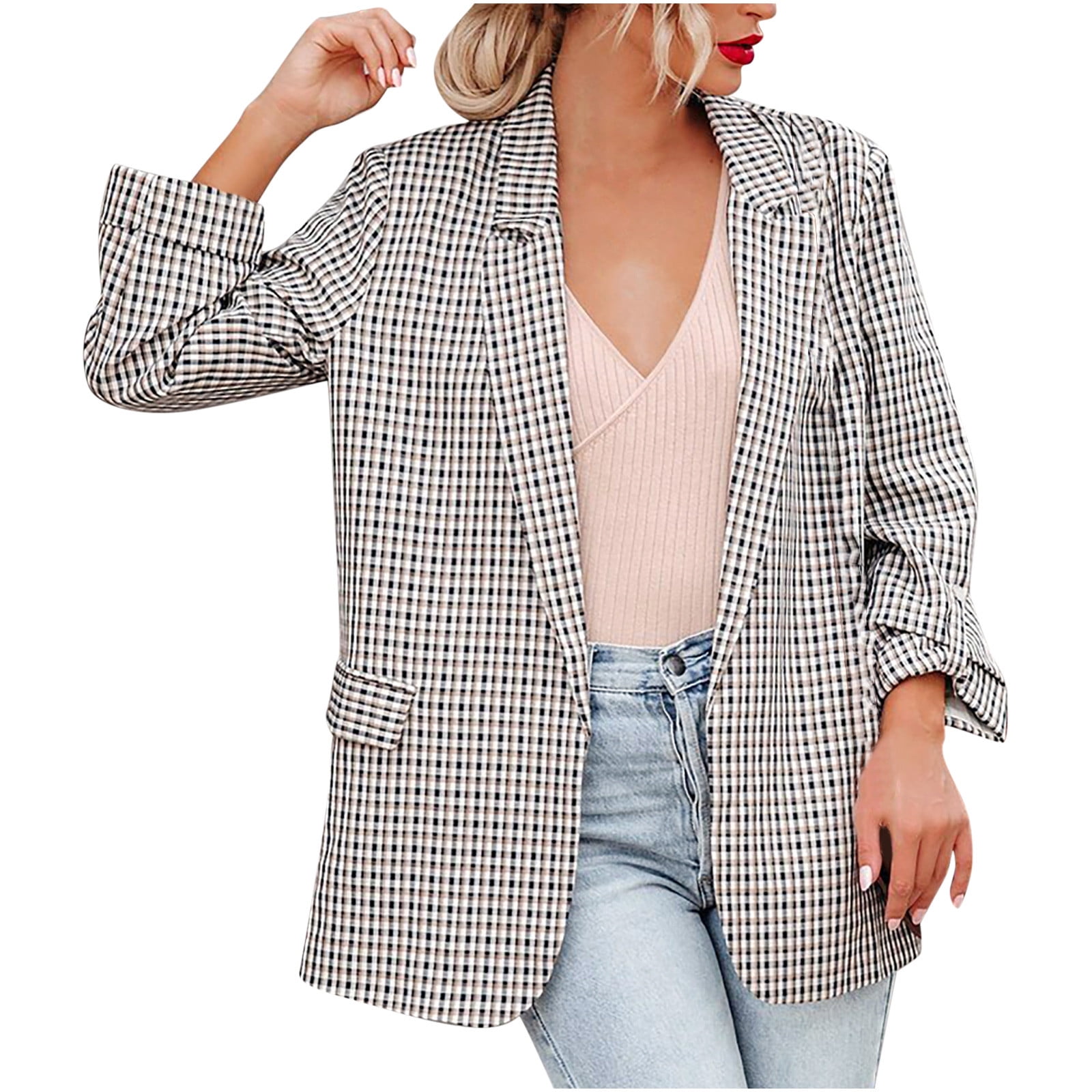 VEKDONE 2023 Clearance Women's Loose Casual Plaid Blazer Lapel Long