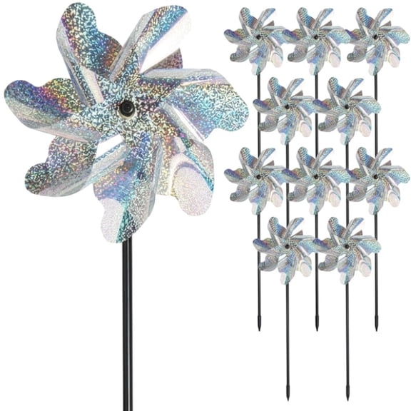 10 Pack Reflective Pinwheels, Holographic Wind Spinners for Bird Control, Garden Stakes for Yard