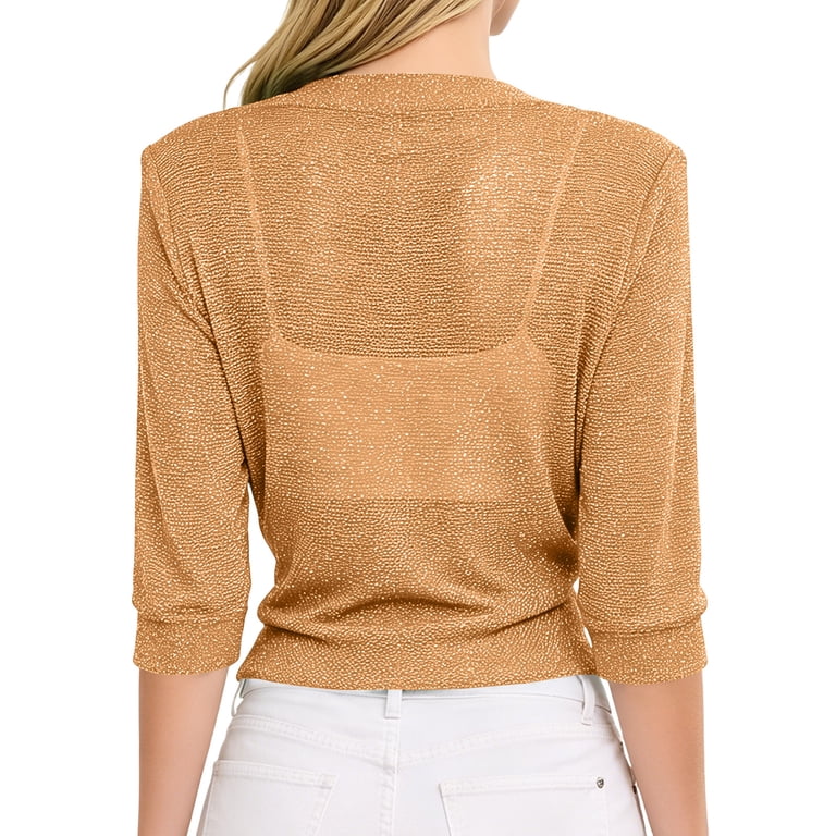 Womens Sheer Short Cardigans 3/4 Sleeve Tie Front Casual Summer