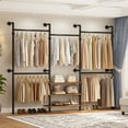 thumbnail image 5 of Homieasy 84"-128" Adjustable Metal Pipe Clothing Rack Wall-Mounted,Industrial Garment Rack with 3-Tier Wooden Shelves,Heavy-Duty 1000LBS Capacity, L-Shaped/Straight Design,Rustic Brown, 5 of 8