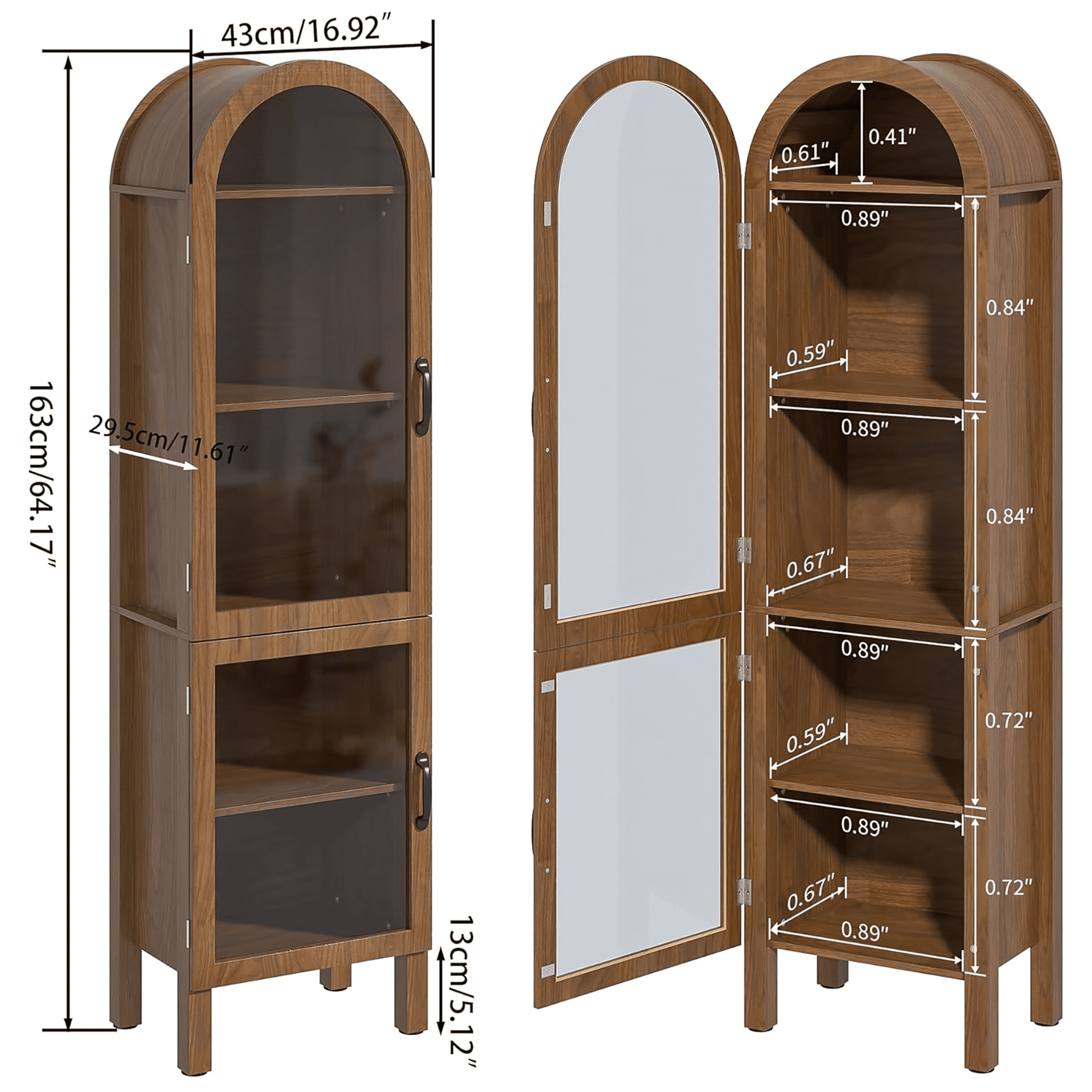 Tall Arched Storage Display Cabinet 5-Shelf with Acrylic Glass Doors, Kitchen Pantry Storage Cabinet Accent Cabinet Bookcase for Living Dining Room