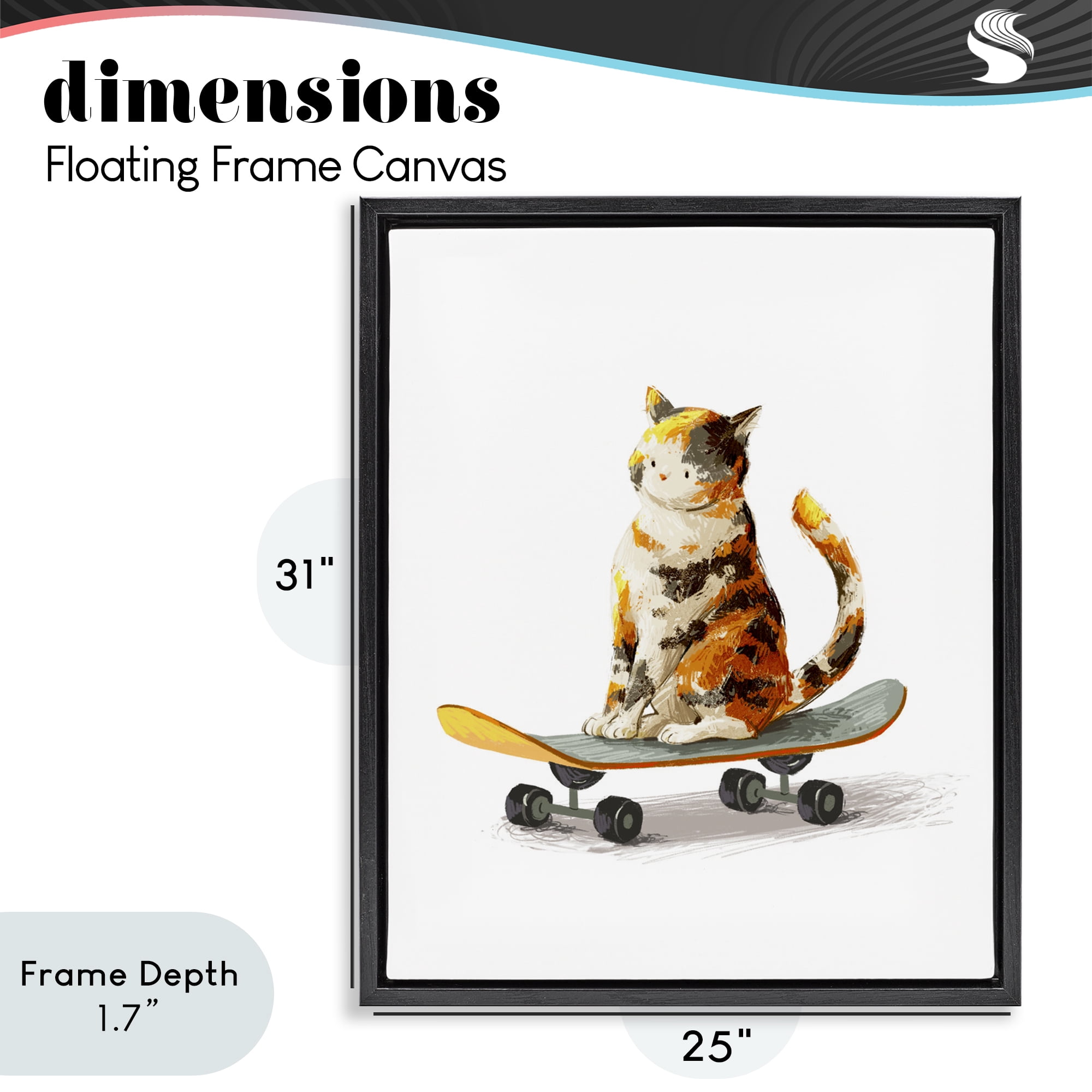 Stupell Industries Calico Cat on a Skateboard Black Framed Floater Canvas Wall Art, design by Ziwei Li