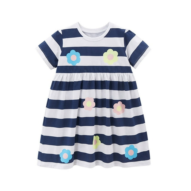 Besolor Bambin Bébé Filles Mini Robes d'Été Enfants Rayé Col Rond Manches Courtes Jolie Robe 2-7 Ans