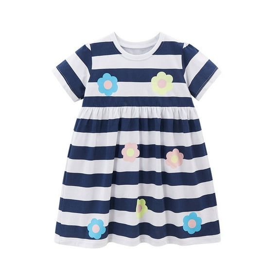 Besolor Toddler Baby Girls Summer Mini Dresses Kids Striped Round Neck Short Sleeve Cute Sundress 2-7 Years