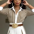 thumbnail image 3 of Morttic Women's Elegant Business Striped 2-Piece Outfit – Long Sleeve Lapel Button Front Shirt & High Waist Wide Leg Pants Dark Brown，XXXL, 3 of 6