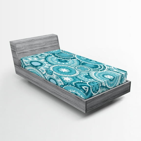 Ambesonne Aqua Fitted Sheet, Mandala Round, Twin Size, Turquoise Teal White