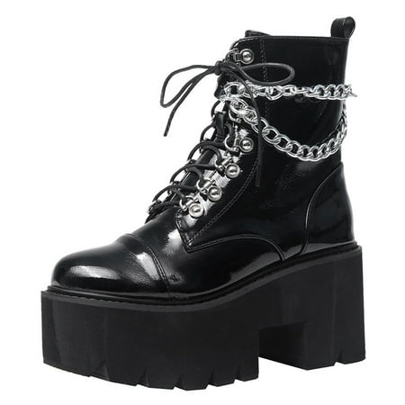 

Boots Clearance Juebong Women s Cowboy Boots Round Head Chunky Short Boots Retro Lace Up Shoes With Metal Chain