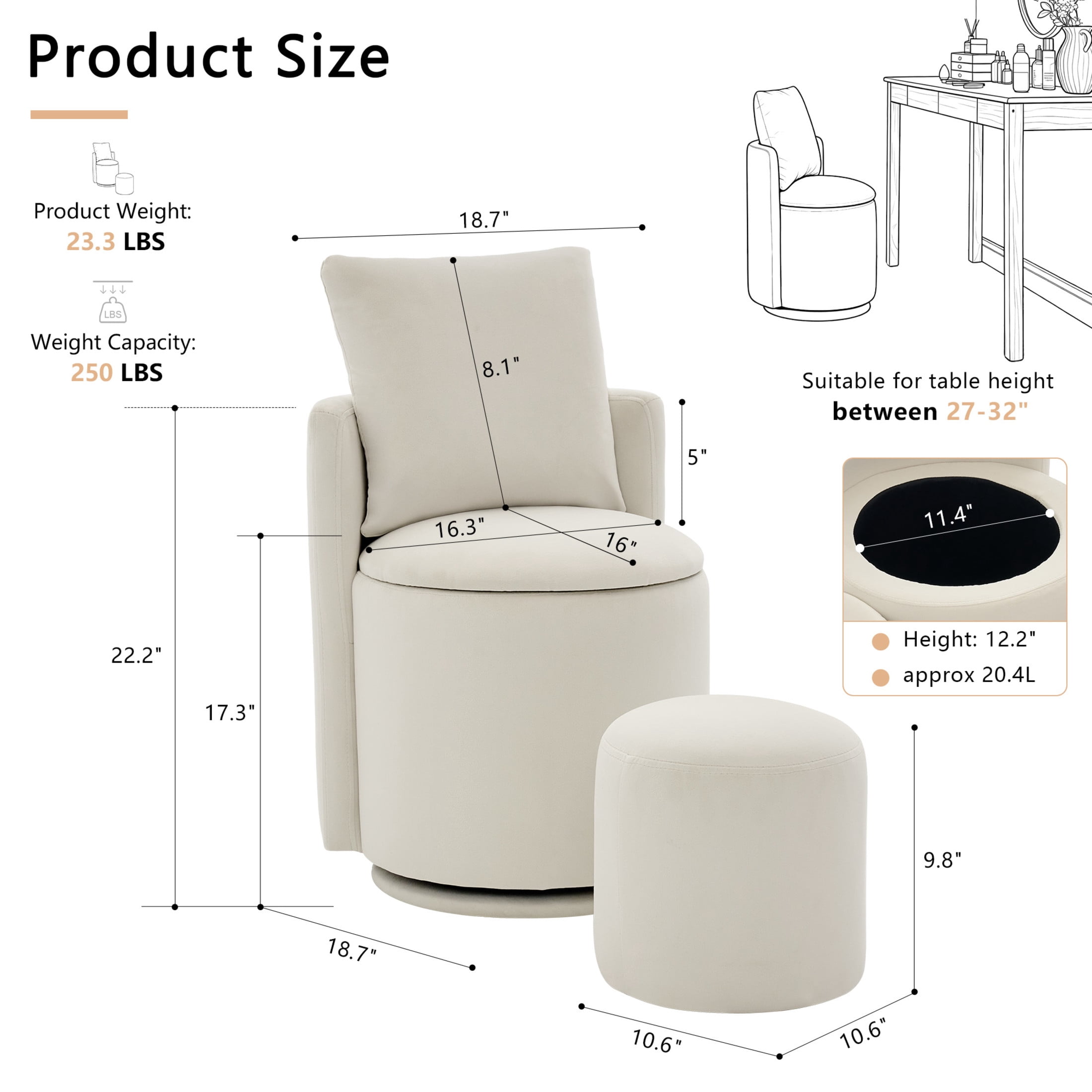 Noble House Velvet Swivel Accent Chair with Ottoman & Toss Pillow, Storage Barrel Chair, Beige