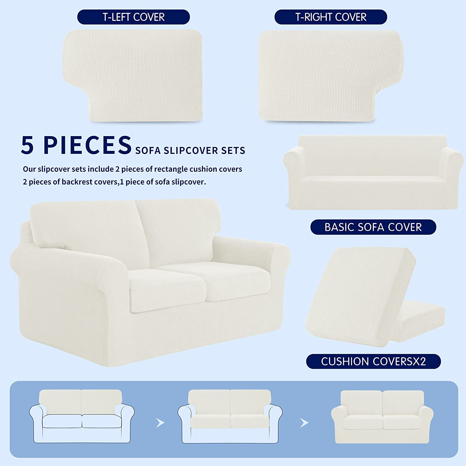 Subrtex Sofa Slipcover Sets 5 Pieces Stretch Couch Cover Backrest Cushion Covers (Loveseat, White)