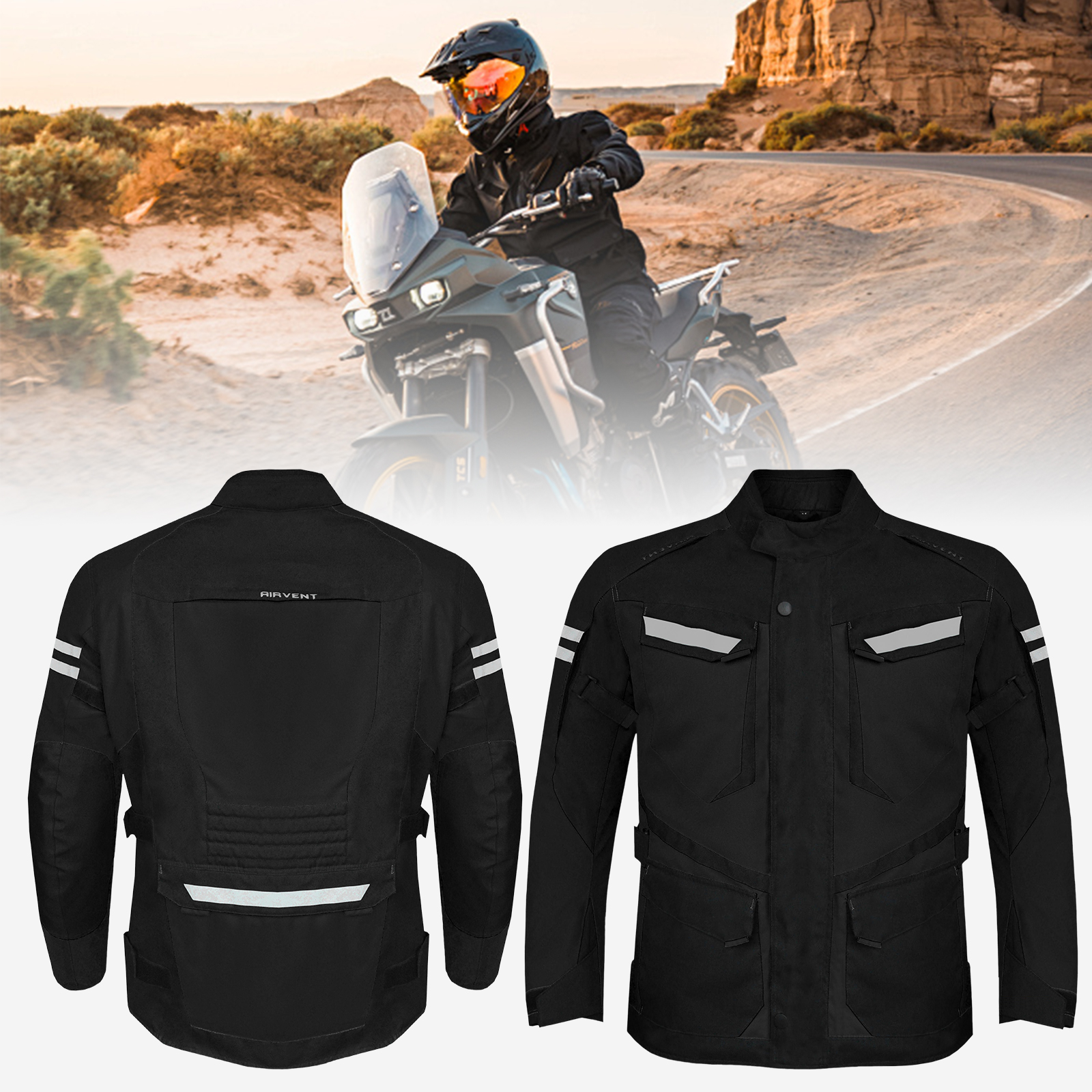 Dream Apparel Mens Motorcycle jacket Black, Armored Protective Round Neck & Air Vents