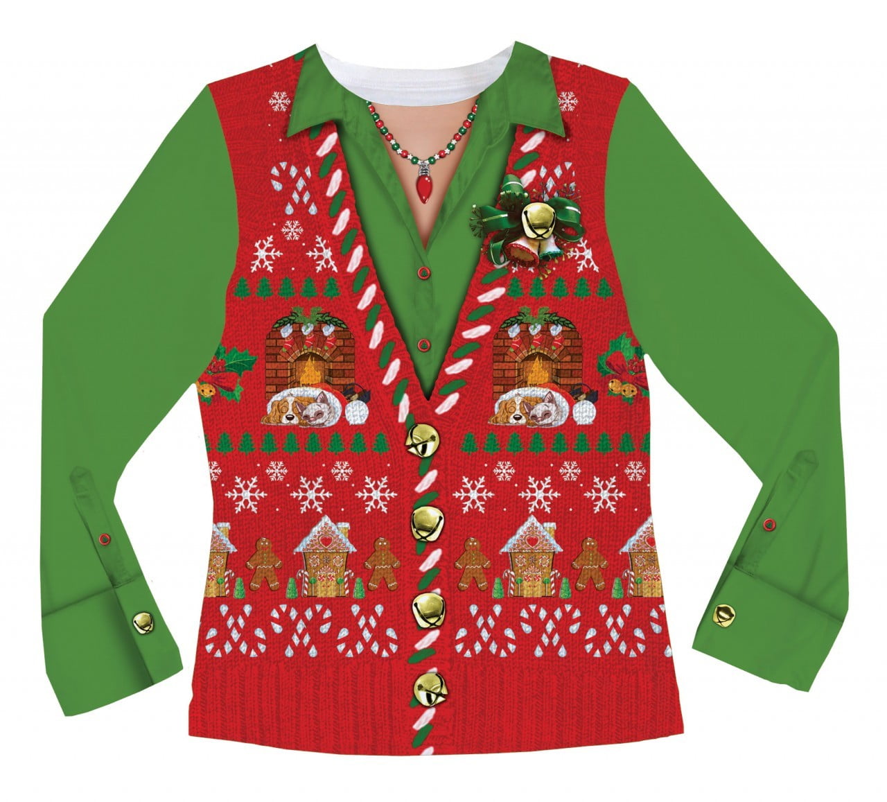 Gilbins Women's Ugly Xmas Sweater Vest Long Sleeve T-Shirt, Multi, XX-Large, Size: 2XL
