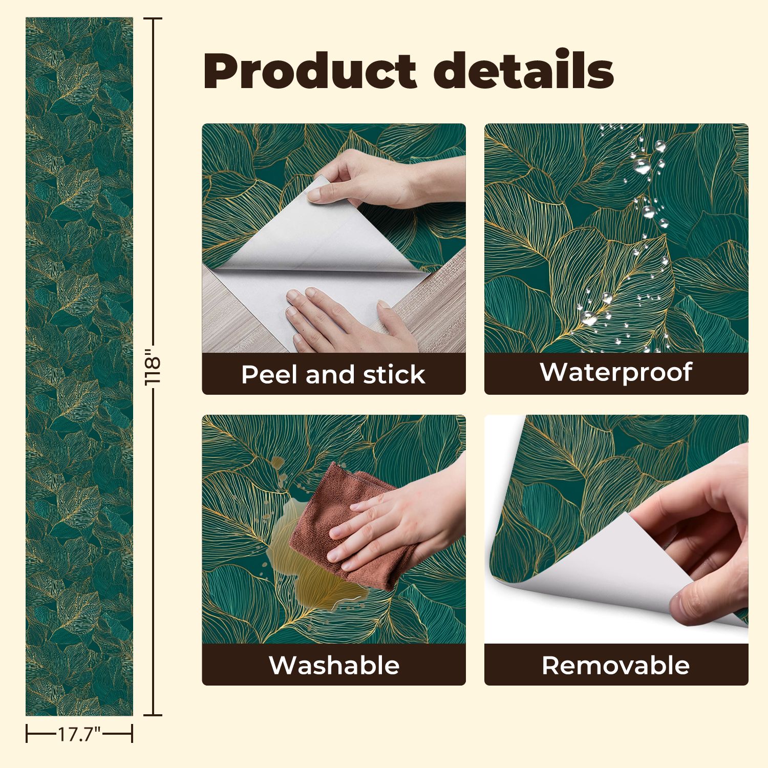Peel and Stick Wallpaper 17.7in x 9.8ft Abstract Botanical Delicate Golden Leaf Lines Dark Green Contact Paper Vinyl Self-Adhesive Removable Wall Paper for Bedroom DIY Home Decor Renter Friendly