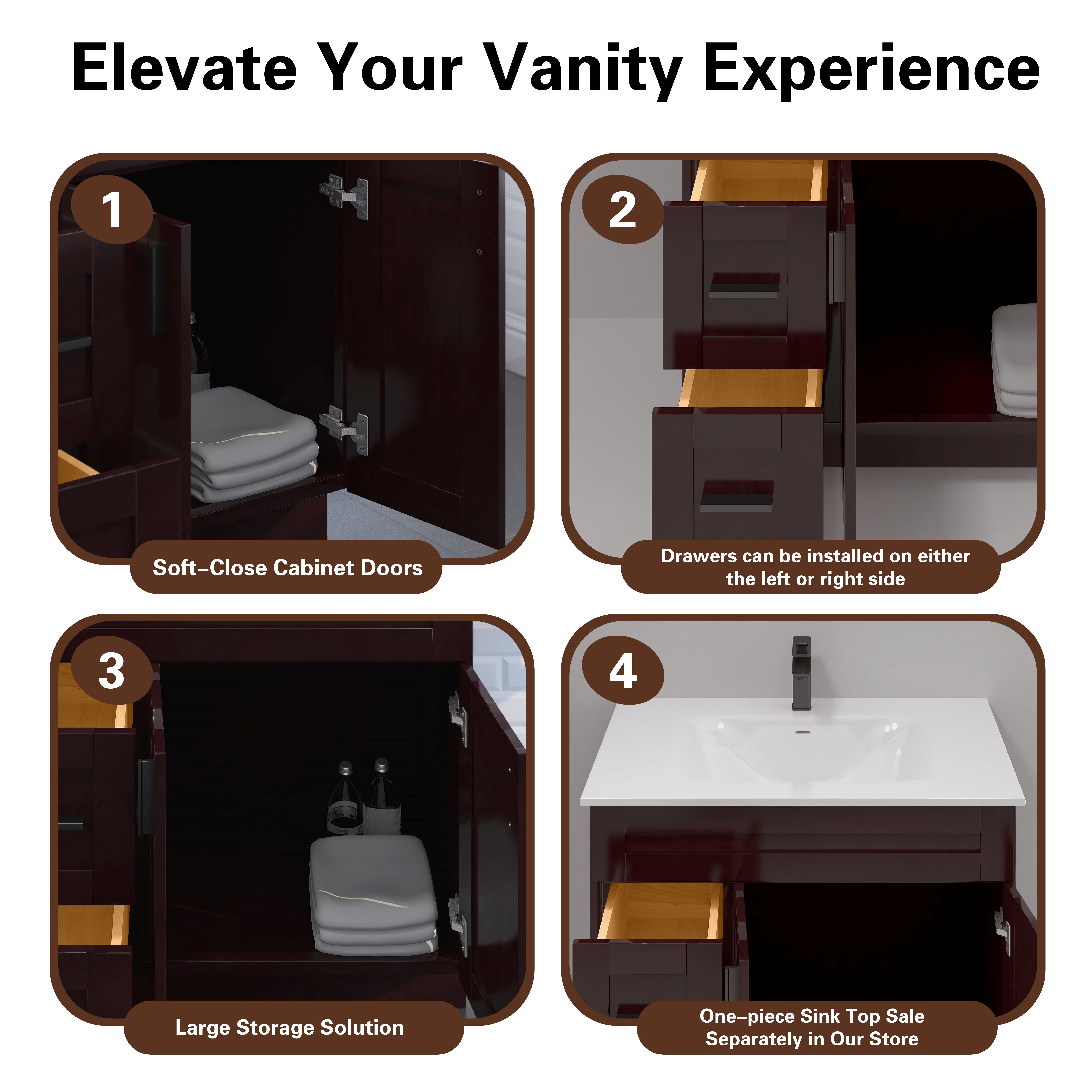30" Shaker Bathroom Vanity Sink Base with Drawers (Ready-to-Assemble), Espresso Shaker Vanity Base