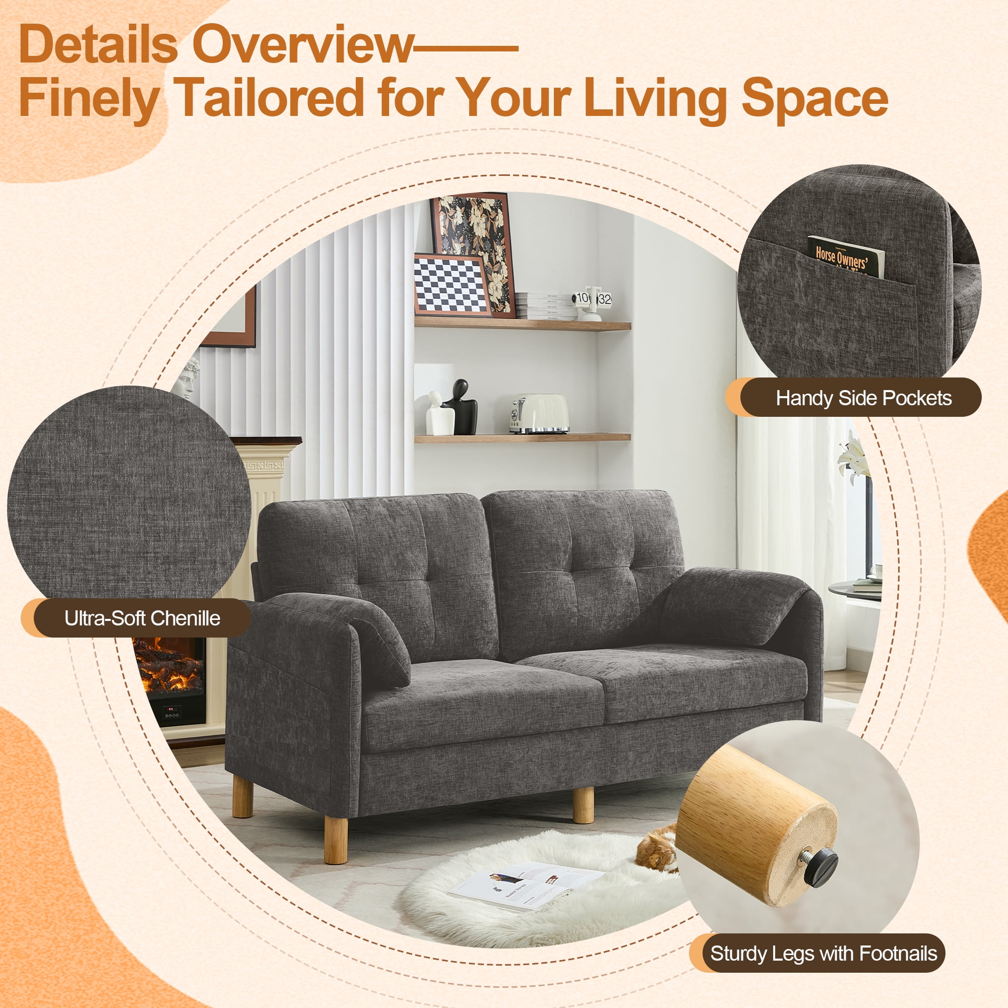 65" Chenille Loveseat Sofa, Modern 2-Seater with Armrest Pillows & Side Storage Pockets, Tufted Upholstered Loveseat for Living Room or Bedroom, Light Grey