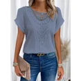 thumbnail image 4 of Camiseta tejida de Color liso para mujer, Jersey ahuecado con cuello redondo, Top femenino coreano, camisetas informales cómodas de manga corta, 4 of 4