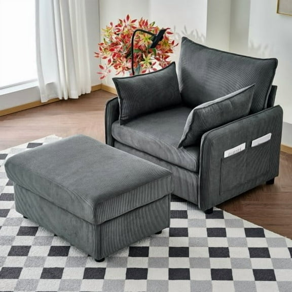 55" Oversized Chaise Lounge Chair Indoor, Comfy Corduroy Lounge Sofa with Storage Ottoman, USB Ports, Upholstered Deep Seat Chaise Lounge with Pillows, Phone Holder for Living Room
