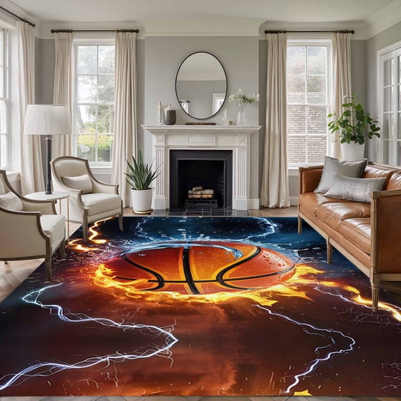 Area Rug for Living Room, Basketball Non-Slip Indoor Large Carpet for Bedroom/Dining Room, Splashing Blue Red Water Fire Washable Low-Profile Rectangle Floor Runner Rugs - 6 x 9 Ft