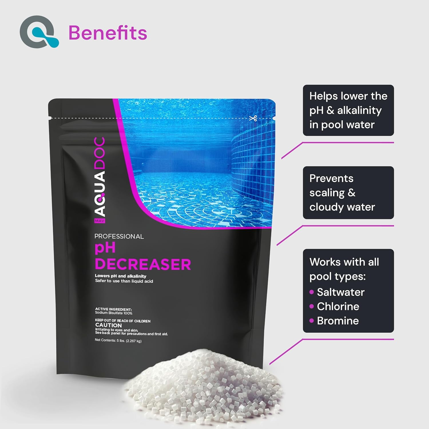 MAV AquaDoc pH Down for Pools - 5lb - Sodium Bisulfate pH Decreaser for Pool & Alkalinity Decreaser - Easy Dissolving Dry Acid Pool Chemicals Made in The USA