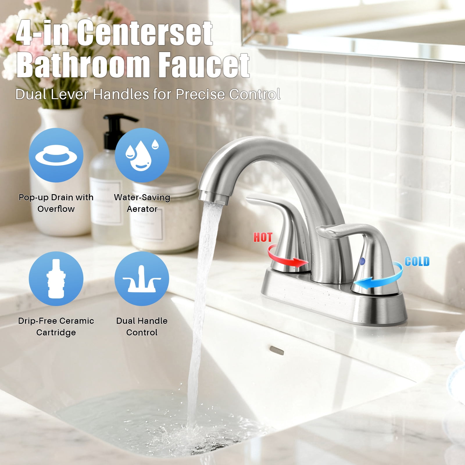Wowow 4 inch Centerset 2-Handle Bathroom Faucet for Bathroom Sink with Pop Up Drain